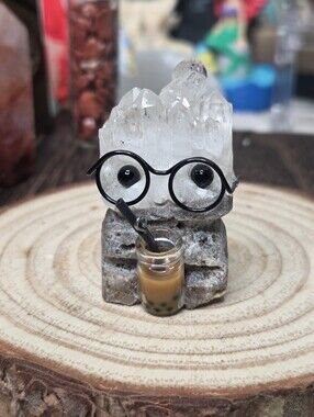 Crystal  Buddy Drinking Boba Tea With Glasses  Clear QuartZ